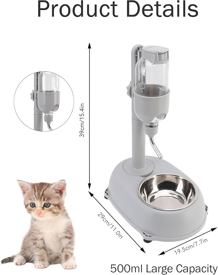 Pet Water Dispenser, Pet Standing Water Dispenser Bowl, 2 in 1 500ml Multifunctional Detachable Height with Stand for Dogs Cats