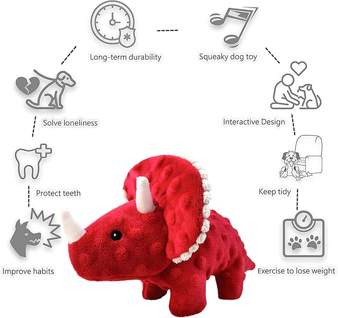 Squeaky Dog Toys Plush Dog Toy with Crinkle Paper Stuffed Durable Dog Chew Toys for Small Middle and Large Dogs Triceratops Red
