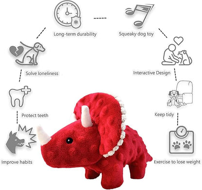 Squeaky Dog Toys Plush Dog Toy with Crinkle Paper Stuffed Durable Dog Chew Toys for Small Middle and Large Dogs Triceratops Red