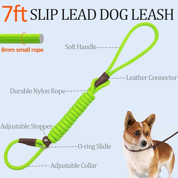MayPaw Slip Lead Control Leash for Dogs No Pull, 13+ Colors Classic Dog Lead 7 FT Pet Slip Leash, 1/4” Rope Leashes for Small Medium Animals (7ft*1/4", Green)