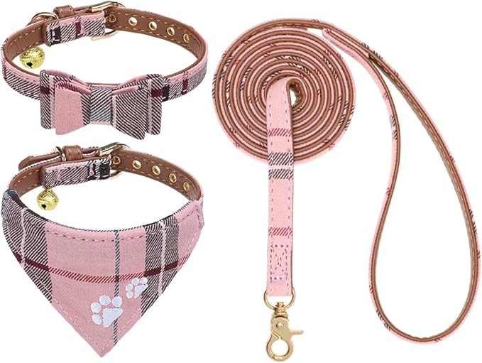 EXPAWLORER Dog Collar and Leash Set - Embroidery Pawprints Plaid Dog Collar and Dog Leash Set, Bow Tie and Bandana Dog Collar with Bell, Collar and Leash for Dogs Cats Outdoor Walking, Pink S-M