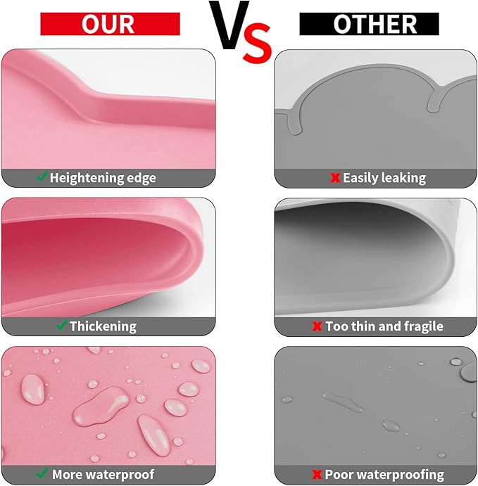Ptlom Silicone Pet Feeding Mat for Dogs and Cats, High-Lips Pet Placemat Non-Slip Waterproof Bowl Mats Prevent Food and Water Overflow, Puppy Dish Tray Mat Suitable for Small Medium Large Pets, Pink