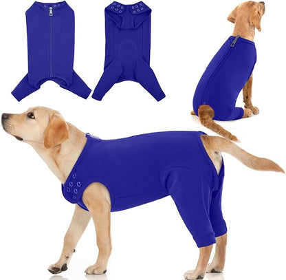 IDOMIK Dog Recovery Suit,Dog Leg Sleeve to Stop Licking Rear Legs,Thigh Wound Protective Sleeve,Male Female Pet Surgical Clothes,Doggy Surgical Suit with Pants Cover,Cone Collar Alternative,Blue,L