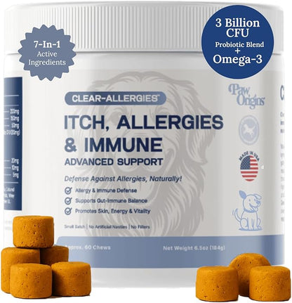 Paw Origins Dog Allergy Chews (60 Ct.) - Clear-Allergies Itch for Immune & Gut Support - Dog Allergy Relief Chews with 3 Billion CFU Probiotic Blend and Omega 3 for Seasonal Allergies - Beef Flavor
