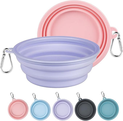 Kytely Collapsible Dog Bowls Medium, 2Pack Foldable Dog Travel Bowl, Portable Pet Water Food Bowl with Clasp, Pet Cat Feeding Cup Dish for Traveling, Walking, Hiking (Lavender & Pink)