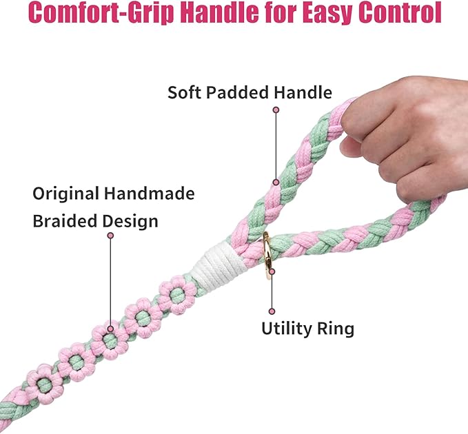 Handmade 5ft Braided Cotton Dog Leash with Unique Floral Handle, Durable and Stylish, Ideal for Small to Large Dogs, Pink & Green Color