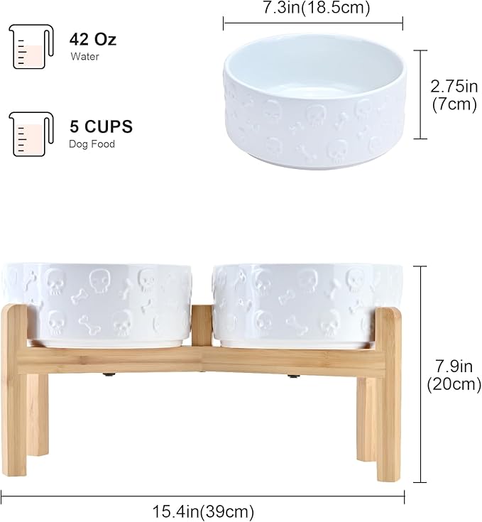 SPUNKYJUNKY Elevated Dog Bowls Ceramic, 7.3'' Dogs Food Water Bowls Raised with Non-Slip Bamboo Stand for Medium to Large Sized Breed Microwave Dishwasher Safe - 42 OZ,Skull White