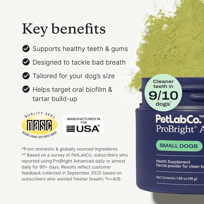 PetLab Co. ProBright Advanced Dental Powder - Dog Breath Freshener - Teeth Cleaning Made Easy – Targets Tartar & Bad Breath - Packaging May Vary - Formulated for Small Dogs