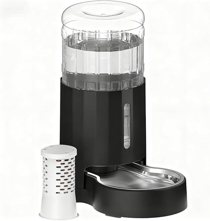 CZPET Automatic 4L Filter Dog and Cat Water Dispenser with Stainless Steel Bowl Gravity Waterer,Large Capacity and Drinking Area Noise-Free for Pets (Black)
