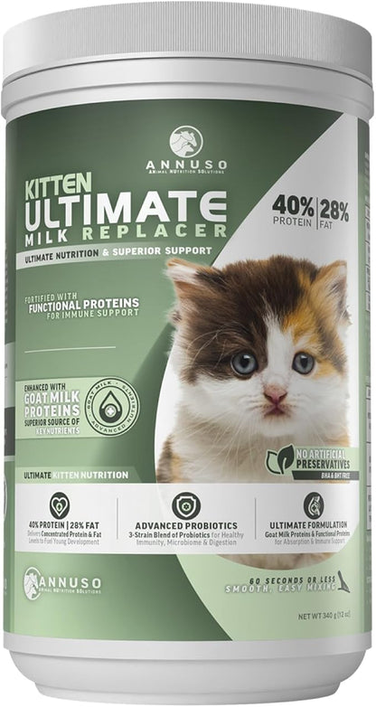 ANNUSO Kitten Ultimate Milk Replacer, 12oz - 40% Protein & 28% Fat - Enhanced with Goat Milk Proteins, Advanced Probiotics – Supports Kitty Immunity & Digestion, Easy-Mix Powder