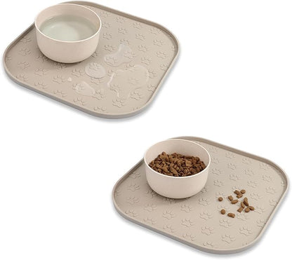 2 Pack Pet Feeding Mats, Waterproof Anti-Slip Placemats for Dog Cat Bowl Silicone Pet Food Mat, Raised Edge Prevent Spills on Floor & Carpet, Dishwasher Safe (2 Beige, 11" x 11")