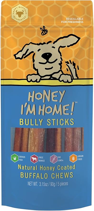Honey I'm Home, Bully Sticks Buffalo Dog Chews, 6 Inches, 5 Pieces - All Natural, Free Range, Healthy, Grain Free, Honey Coated & Crispy