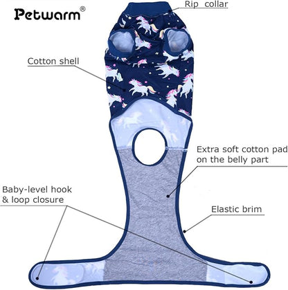 PetWarm Dog Bodysuit for Aftercare, Shirts for Dogs, Dog Cone Alternative, Recovery Suit for Dogs Post Spay or Neuter Surgery, Full Body Coverage with Cozy Fit, Unicorn Pattern, Blue, M