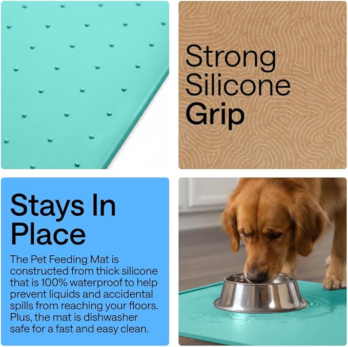 GORILLA GRIP 100% Waterproof Raised Edge BPA Free Silicone Pet Feeding Mat, Dog Cat Food Mats Contain Spills Protects Floors Placemats for Cats and Dogs Water Bowl Pets Accessories 18.5x11.5 Turquoise