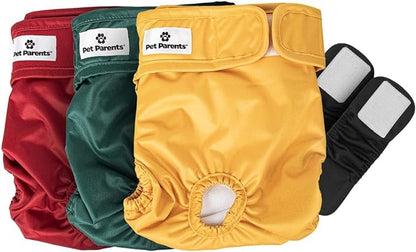 Pet Parents® Washable Dog Diapers (3pack) + Extendrs® of Durable Doggie Diapers, Premium Dog Diapers Female (X-Large, Samba)