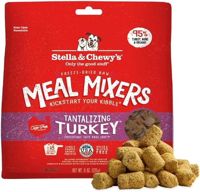 Stella & Chewy's Freeze-Dried Raw Tantalizing Turkey Meal Mixers- Dog Food Topper and Mixer - Made with 95% Cage-Free Turkey, Organs & Bone - Perfect for Picky Eaters - Grain-Free - 8 oz