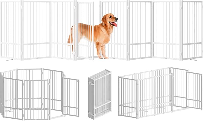 SNUOWU Full Metal Freestanding Dog Gate with Door, 32''Height Foldable Pet Dog Fence for Indoor & Outdoor, 8 Panels Extra Wide Free Standing TallDog Gates for Doorways,House,Stairs,Porch,Deck,Yard