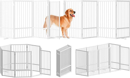SNUOWU Full Metal Freestanding Dog Gate with Door, 32''Height Foldable Pet Dog Fence for Indoor & Outdoor, 8 Panels Extra Wide Free Standing TallDog Gates for Doorways,House,Stairs,Porch,Deck,Yard