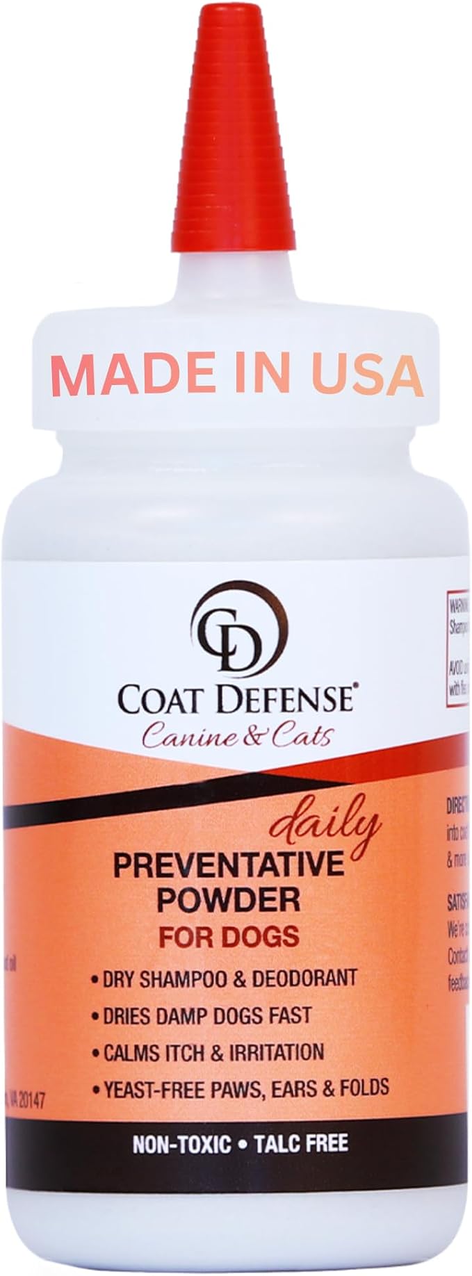 COAT DEFENSE Daily Preventative Powder | Made in USA | 4.2oz Precision Point Waterless Dog Shampoo & Pet Deodorizer for Smelly Dogs | Provides Anti Itch Relief | Dog Shampoo for Dry Itchy Skin