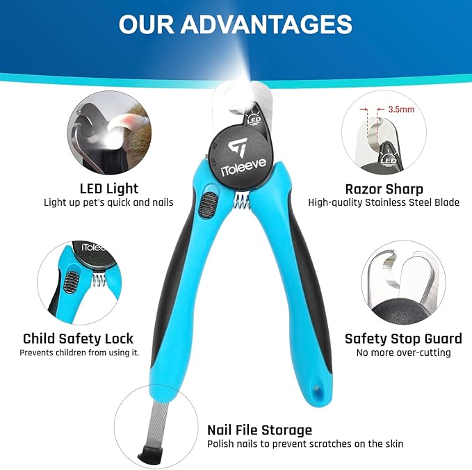 iToleeve LED Dog Nail Clipper with Light, Illuminates Nails or Bloodline for Safe and Easy Trimmers, Extra Sharp for Thick Nails, Quick Sensor, Avoid Over Cutting Toenail, for Cats & Dogs