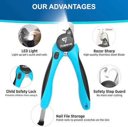 iToleeve LED Dog Nail Clipper with Light, Illuminates Nails or Bloodline for Safe and Easy Trimmers, Extra Sharp for Thick Nails, Quick Sensor, Avoid Over Cutting Toenail, for Cats & Dogs