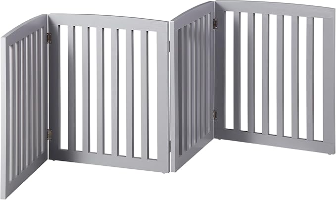 Freestanding Dog Door Indoor Folding Puppy Gate for Doorways Stairs 4-Panel Wood Pet Safe Barrier Fence for Hallways, Gray