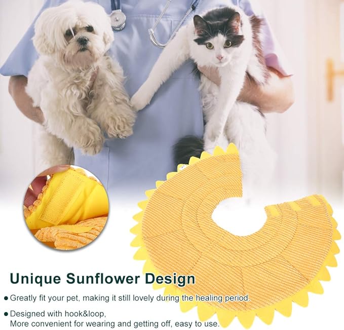 Cat Recovery Collar, Cute Sun Flower Soft Plush Cat Cone Cones Elizabethan Collar for Dog Cat Kitten After Surgery, Wound Healing, Daily Use(S)