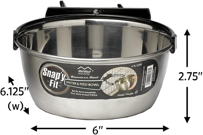 MidWest Homes for Pets Snap'y Fit Stainless Steel Food or Water Bowl, Holds 1 Quart, Mounts to Wire Crates, No-Tip Design, Rust-Resistant, for Dogs and Cats