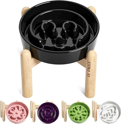 LE TAUCI Ceramic Slow Feeder Dog Bowls Elevated, 0.6 Cups Raised Dog Bowl with Wooden Stand for Small Breed, Pet Dishes to Slow Down Eating, Skull Black