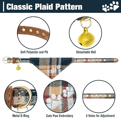 EXPAWLORER Puppy Collar and Leash Set - Plaid Dog Collar and Leash with Bow Tie and Bandana, Bell, Khaki