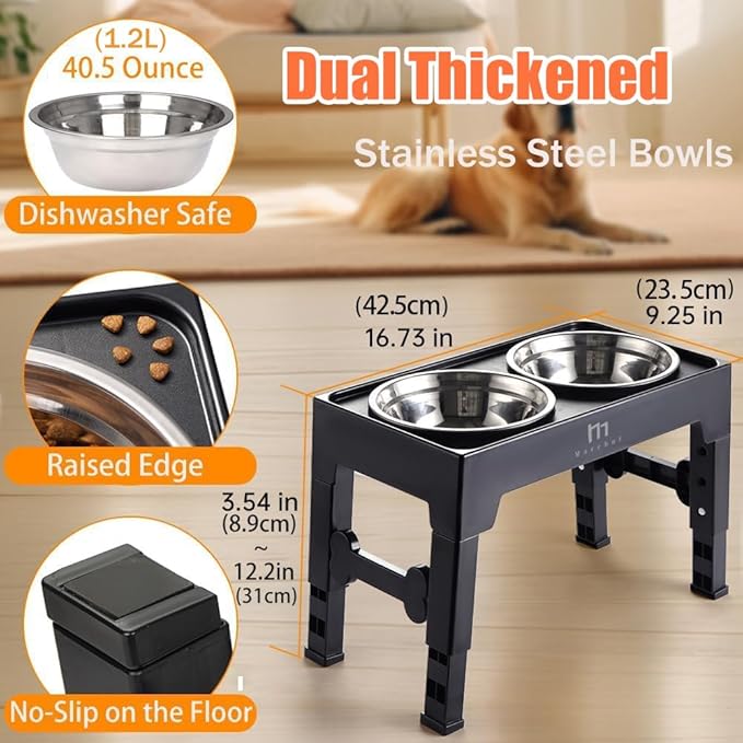 Marchul Elevated Dog Bowls, Raised Dog Food Water Bowls with 2 Thick Stainless Steel Bowls, 4 Height Adjustable, Non-Slip Stand for Medium Large Dogs