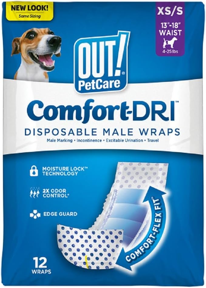 OUT! PetCare Disposable Dog Diapers Male, Puppy Belly Band, Potty Training, Doggie Diapers, Belly Bands for Male Dogs, Puppy Training, Adjustable Fasteners, Incontinence, (XS/S, 12ct)