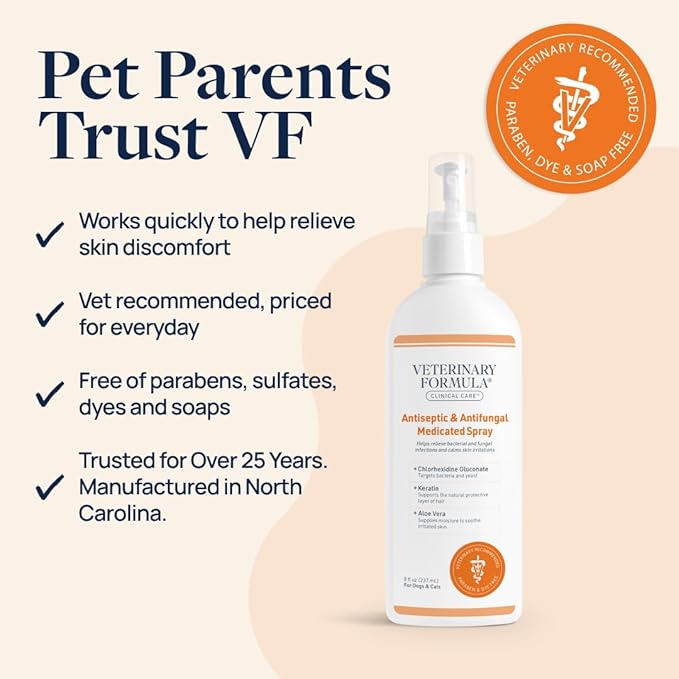 Veterinary Formula Clinical Care Antiseptic and Antifungal Spray for Dogs and Cats - Helps Alleviate Scaly, Greasy, or Red Skin and Supports Skin Prone to Odor Causing Buildup - Pack of 2, 8 oz Each