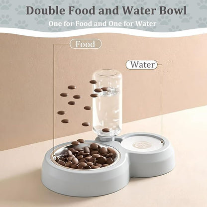 Double Dog Cat Bowls, Pets Food and Water Bowl Set with Automatic Water Dispenser and Stainless Steel Bowl Silicone Dog Bowl Mat, Gravity Feeder for Cats and Small Dogs Puppies (Grey)