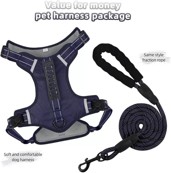 Dog Harness No Pull Adjustable Reflective,for Medium and Large Small Dog with Leash 59.06in (Dark Blue, XS)