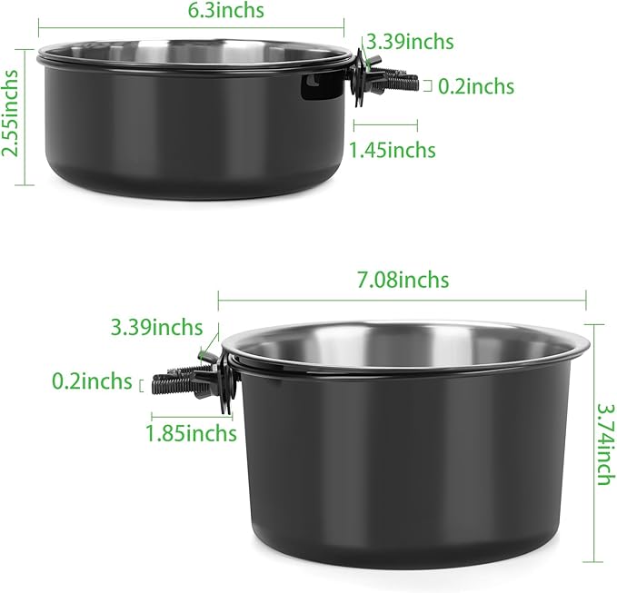 2 Pcs Large Dog Food Water Bowl for Cage with Upgraded Clamp Holder, Black Pet Kennel Hanging Bowls Stainless Steel Non-Spill Detectable Bowls Crate Feeder Dish for Large Dogs (7x3.7''& 6.3x2.5'')