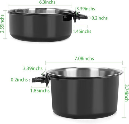 2 Pcs Large Dog Food Water Bowl for Cage with Upgraded Clamp Holder, Black Pet Kennel Hanging Bowls Stainless Steel Non-Spill Detectable Bowls Crate Feeder Dish for Large Dogs (7x3.7''& 6.3x2.5'')