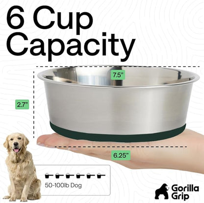 GORILLA GRIP Dog Bowls, Food Grade 304 Stainless Steel, Holds 6 Cups Each (48 fl oz) Food and Water Bowl for Feeding Dogs and Cats, Dishwasher Safe, Rust Resistant, BPA Free Rubber Base Set of 2 Green