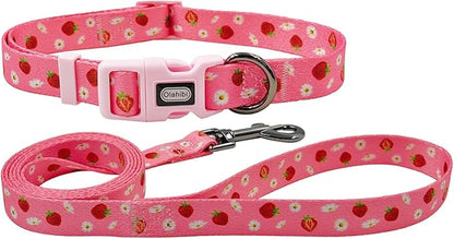 Dog Collar Leash Set, Floral Pattern, Polyester Material, Adjustable Collar and 5ft Matchcing Leash, for Medium Dogs.(M,Daisy and Strawberry)