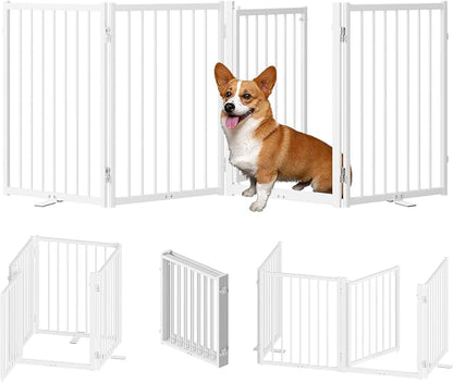 SNUOWU Full Metal Freestanding Dog Gate with Door, 24'' Height Foldable Pet Dog Fence for Indoor & Outdoor, 4 Panels Extra Wide Free Standing SmallDog Gates for Doorways,House,Stairs,Porch,Deck,Yard