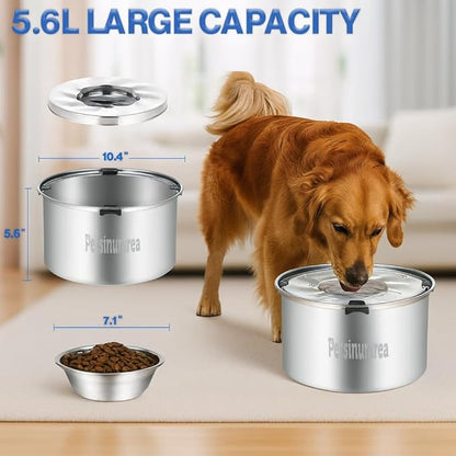 Set of 2 Dog Water Bowl Stainless Steel 5.6L/190oz No Spill Water Bowls 1.5 Gal Large Capacity No Splash Slobber Stopper Slow Drinking Spill Proof Bowls for Messy Drinkers, Including Pet Food Bowl