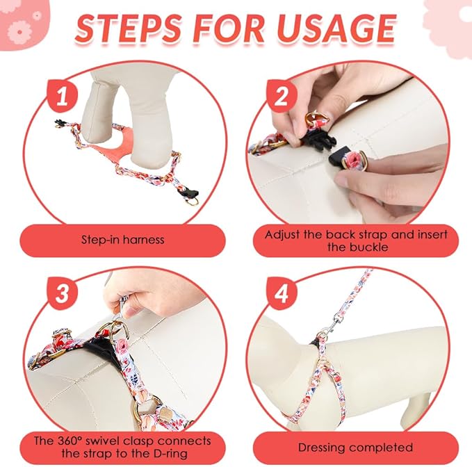 Lukovee Puppy Harness and Leash Set, No Pull Lightweight Soft Suede Adjustable Pet Harness Vest with Snap Buckle for Puppy Small and Medium Size Dog (Flower-S)