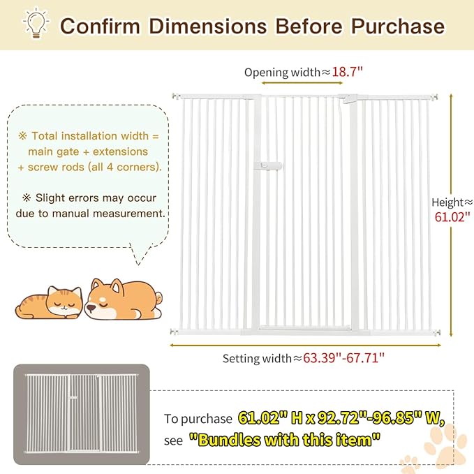 Lumizone Extra Tall Cat Gate 61.02" High Pressure Mounted Extra Wide 2025 New (17 Sizes) 1.37" Gap No Drilling Auto-Close One-Handed Operation Tall Pet Gate for Dogs(White, 61.02" H x 63.39"-67.71" W)