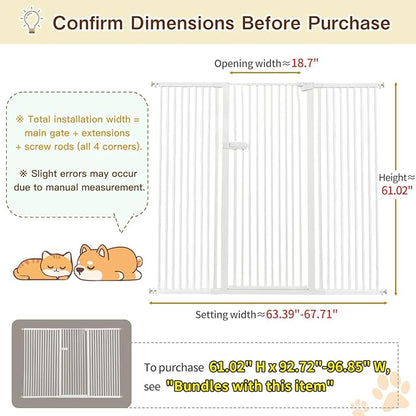 Lumizone Extra Tall Cat Gate 61.02" High Pressure Mounted Extra Wide 2025 New (17 Sizes) 1.37" Gap No Drilling Auto-Close One-Handed Operation Tall Pet Gate for Dogs(White, 61.02" H x 63.39"-67.71" W)