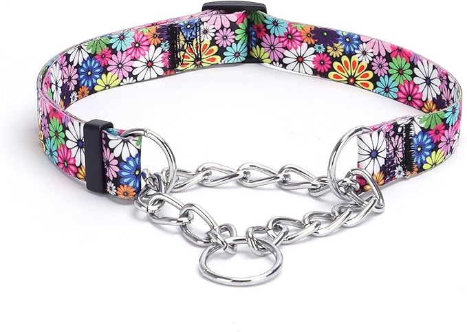 Martingale Dog Collar with Stainless Steel Chain - Limited Chain Cinch Training Collar for No Pull Training Dog - Flower Multicolor Cute Patterns - Premium No Slip Collar (XL, Fireworks)