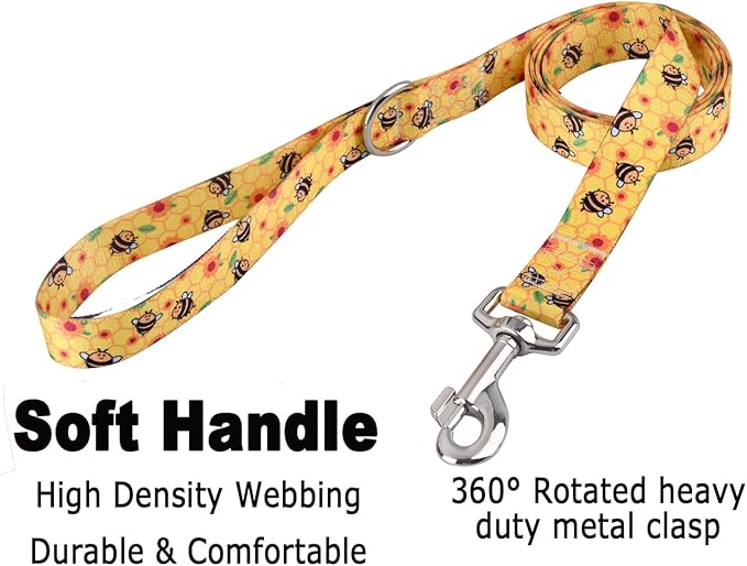 Mihqy Dog Collar and Leash Set with Bohemia Floral Tribal Geometric Patterns - Soft Ethnic Style Collar Adjustable for Small Medium Large Dogs(Bee Set,S)