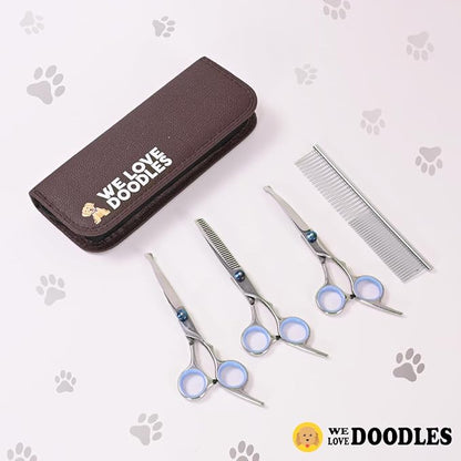 Dog Grooming Scissors Kit with Rounded Blunt Tips, Straight, Curved & Thinning Shears, Tools for Goldendoodles, Poodles & Doodles, Professional Grade Stainless Steel, 4 Pc Set [We Love Doodles]