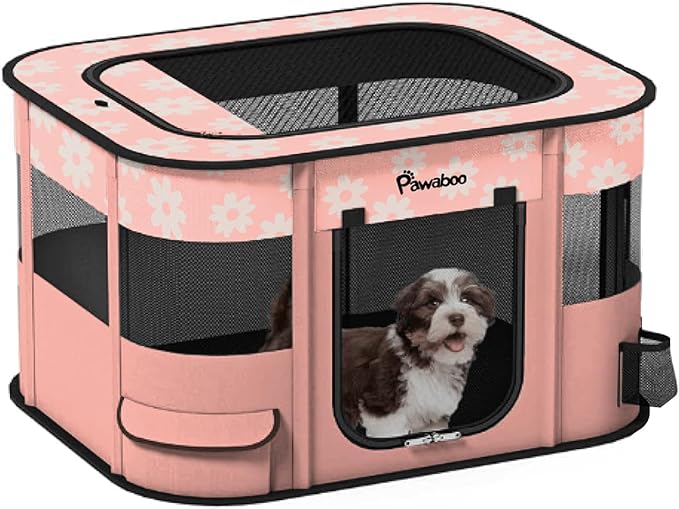 Dog Playpen, Portable Pet Cat PlayPen, 600D Oxford Dog Kennel Tent Crate, Breathable&Waterproof, Outdoor Indoor Travel Camping for Medium/Large Breed with Carrying Case+Bowl, L, Light Pink Flowers