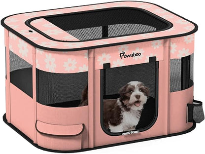 Dog Playpen, Portable Pet Cat PlayPen, 600D Oxford Dog Kennel Tent Crate, Breathable&Waterproof, Outdoor Indoor Travel Camping for Medium/Large Breed with Carrying Case+Bowl, L, Light Pink Flowers