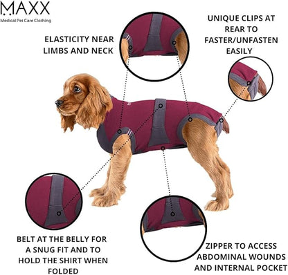 MAXX Dog Recovery Suit – Breathable, Cozy Post-Surgery Suit for Wounds – E-Collar, Cone Alternative (Ruby Red Grey, S+)